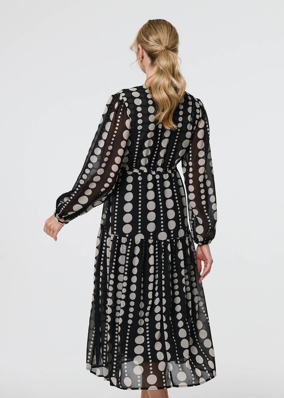 Izabel London Black Dotty Print Long Puff Sleeve Midi Dress