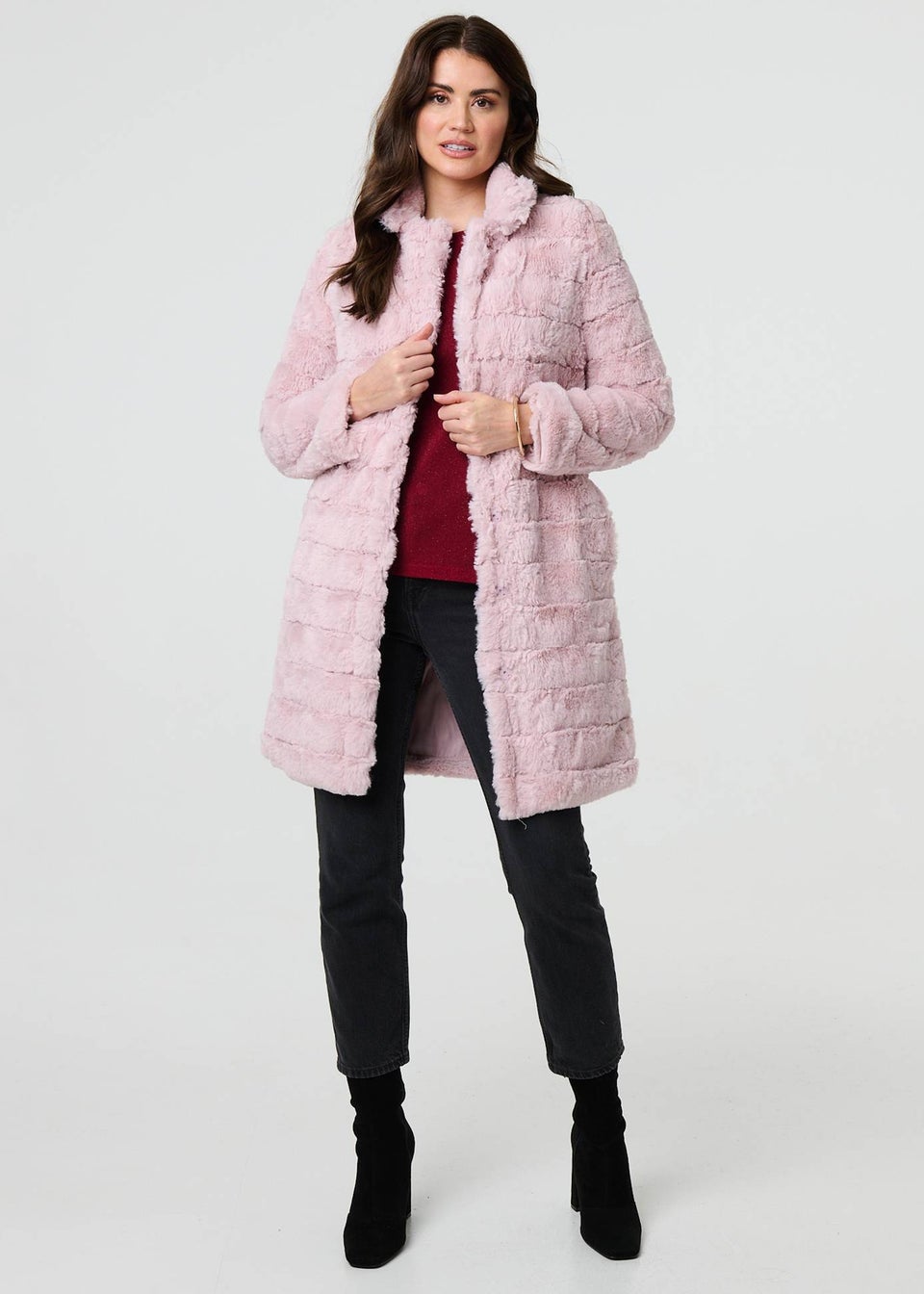 Izabel London Pink Faux Fur Thigh Length Coat