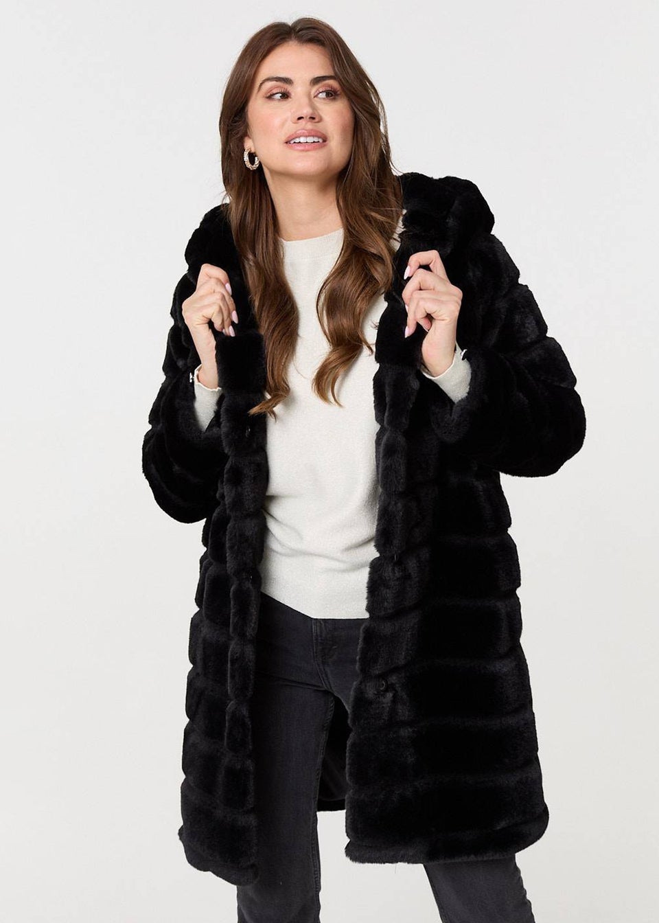 Izabel London Black Faux Fur Thigh Length Hooded Jacket - Matalan