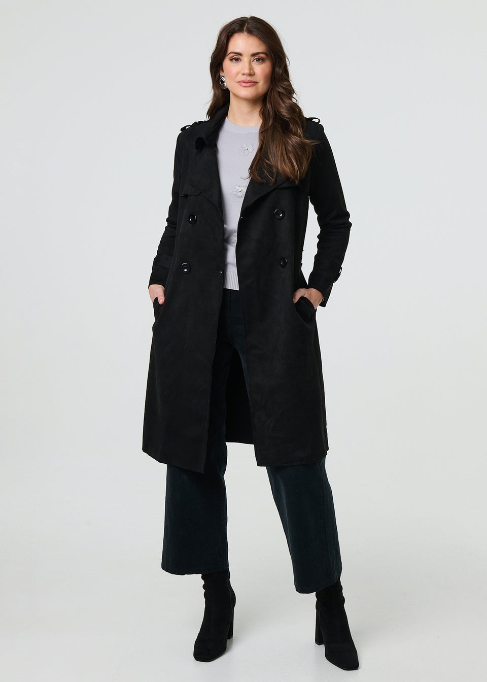 Izabel London Black Suede Tie Waist Button Front Trench Coat Matalan