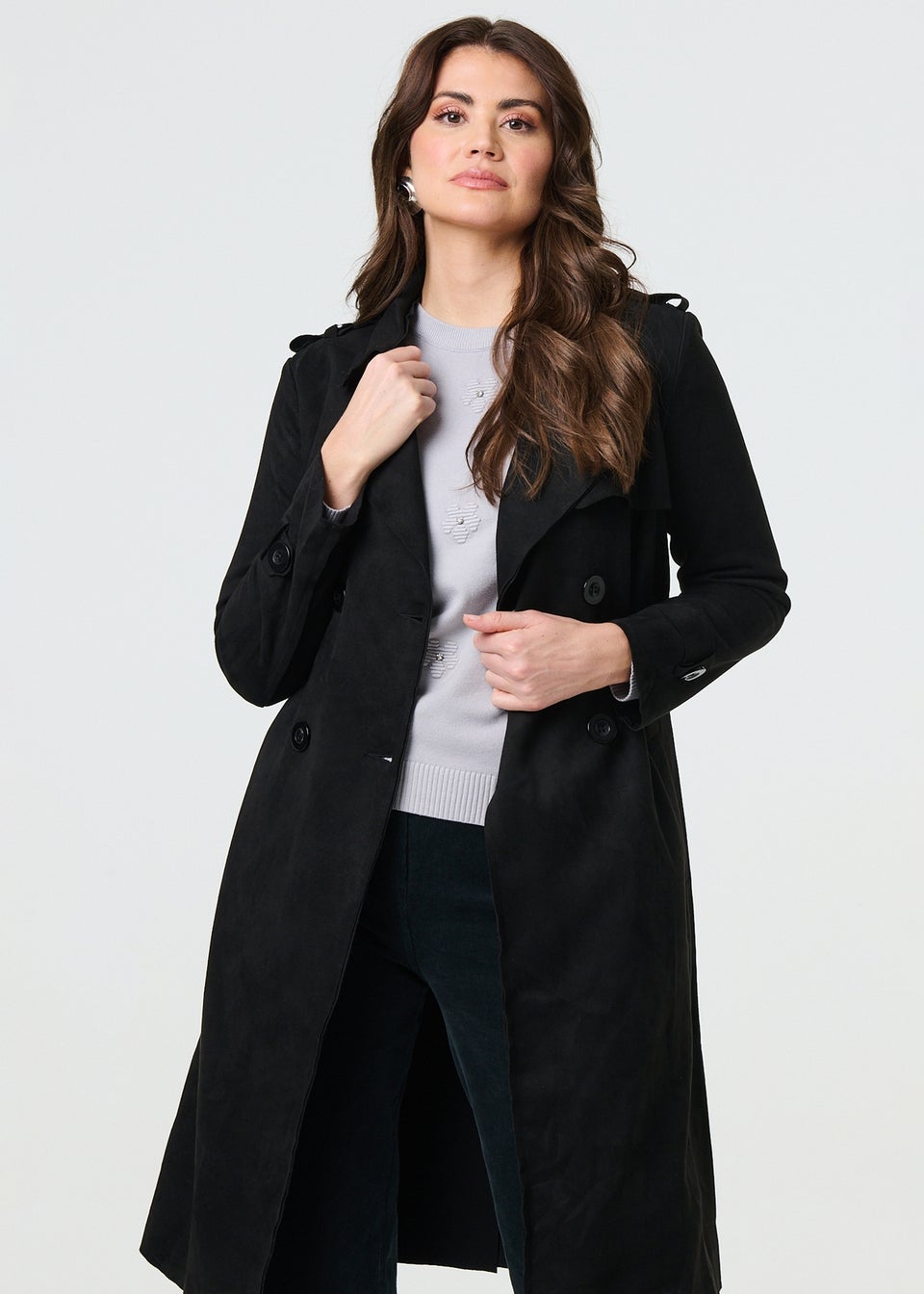 Izabel London Black Suede Tie Waist Button Front Trench Coat Matalan