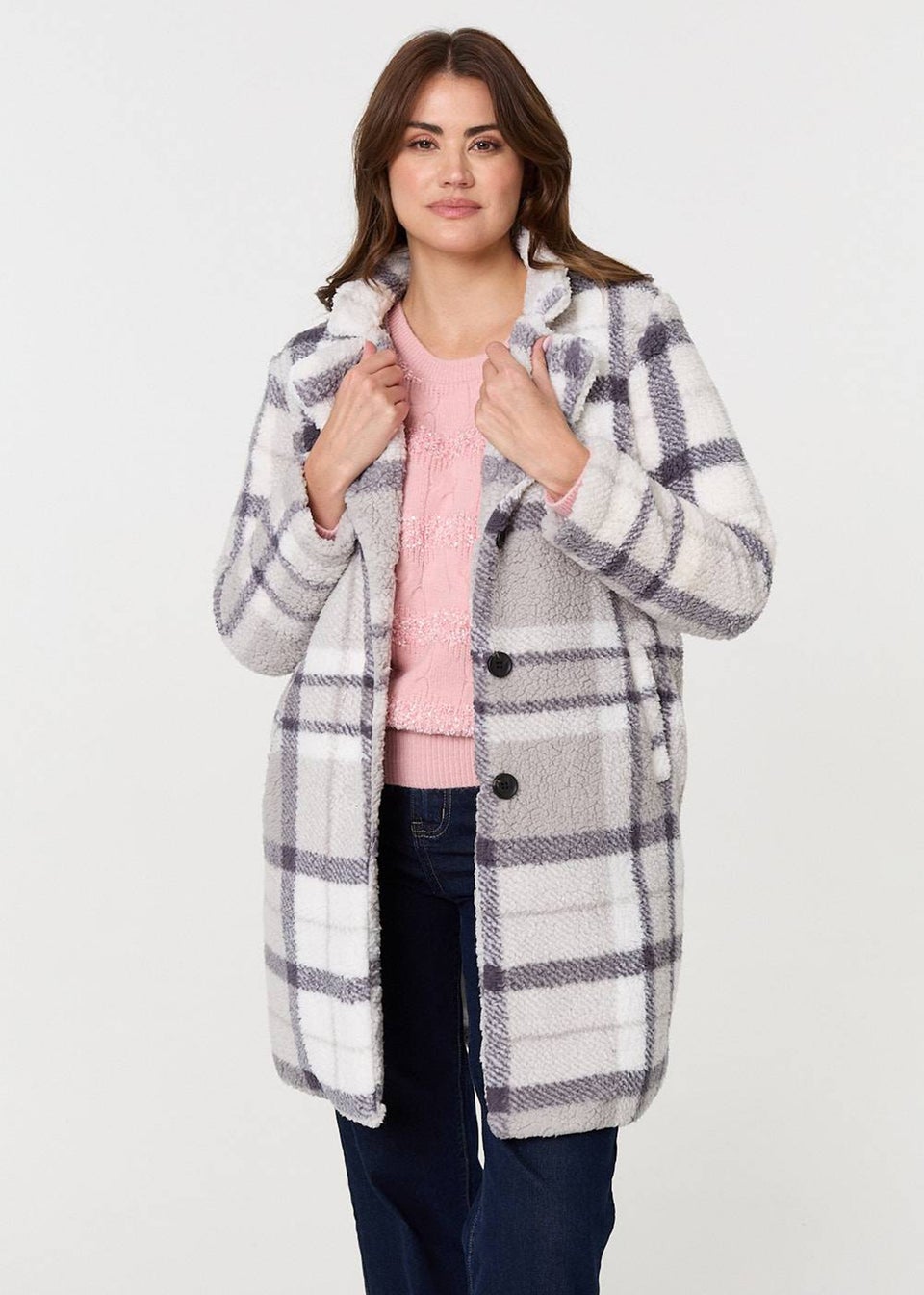 Izabel London Grey Checked Teddy Fur Thigh Length Jacket