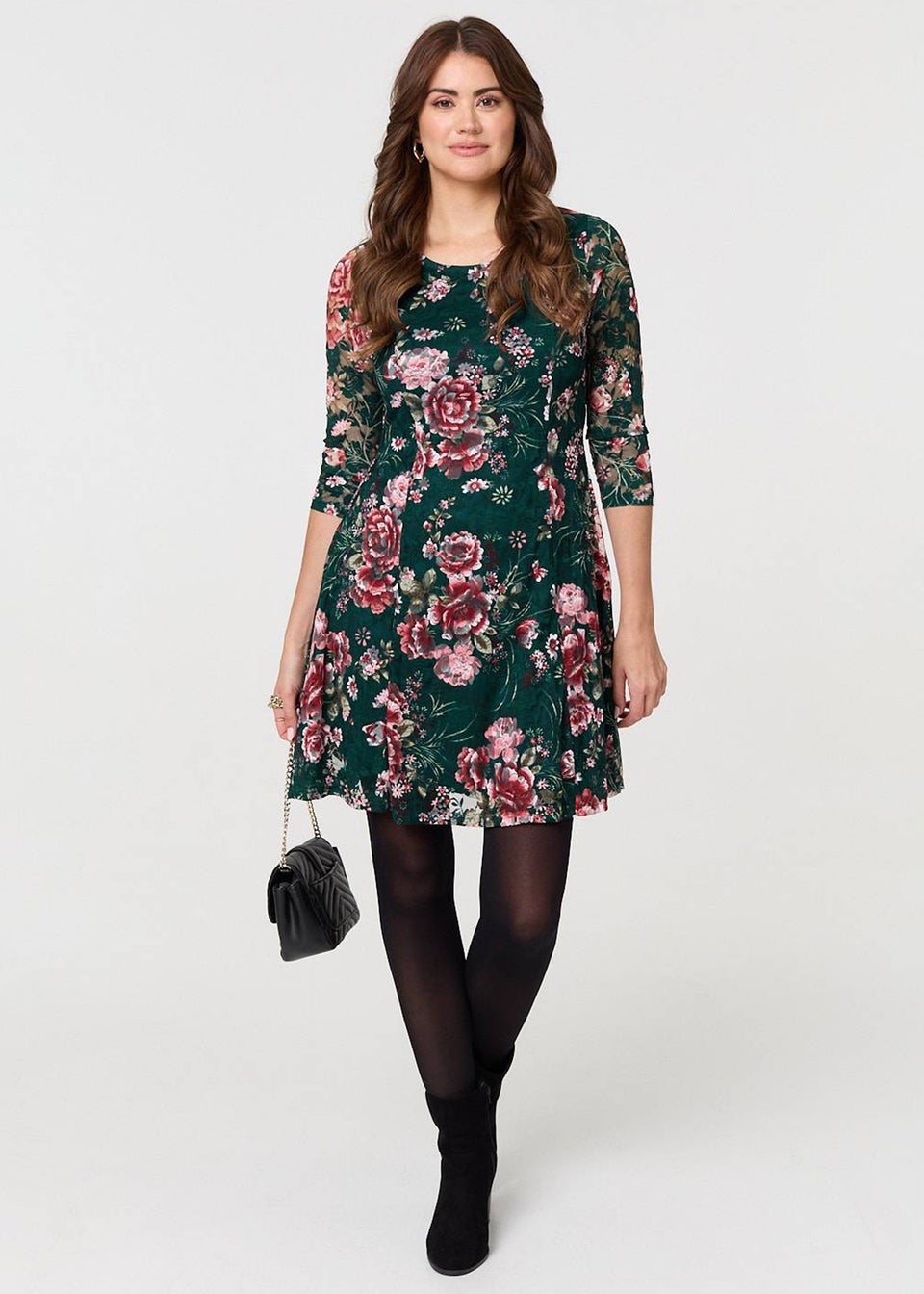 Izabel London Green Floral Lace Layer Short Skater Dress