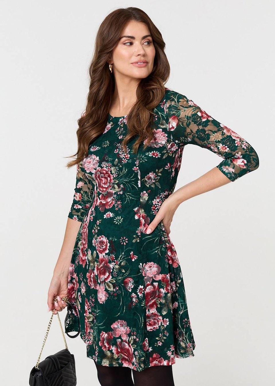 Izabel London Green Floral Lace Layer Short Skater Dress