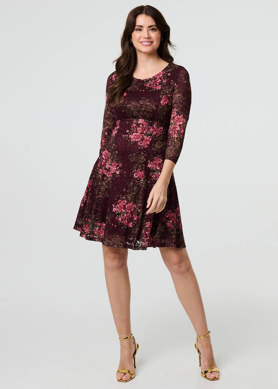 Izabel London Burgundy Floral Lace Layer Pleated Short Dress