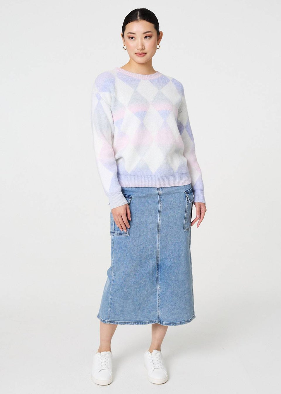 Izabel London Lilac Printed Relaxed Fit Round Neck Jumper