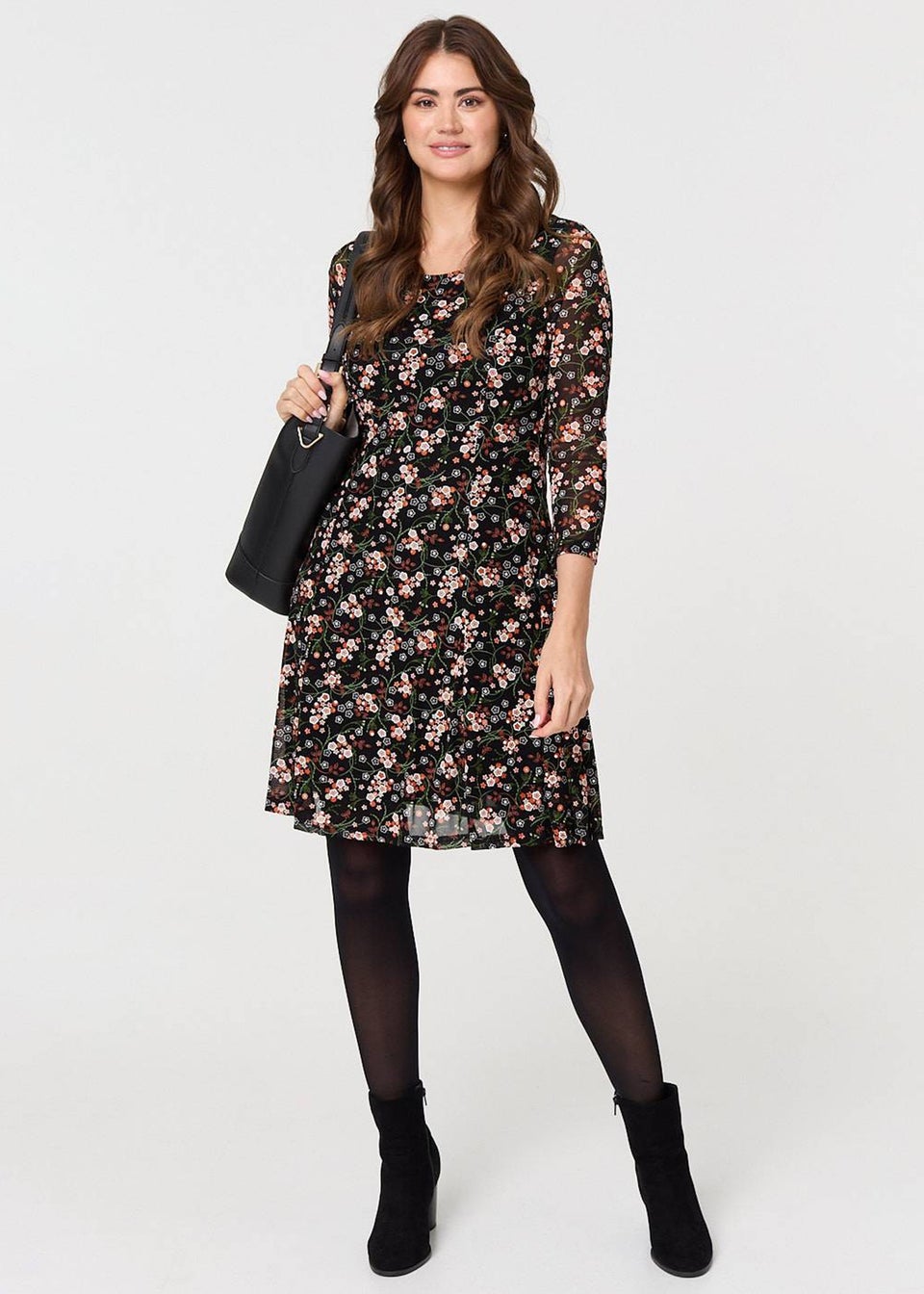 Izabel London Orange Ditsy Floral Mesh Knee Length Dress