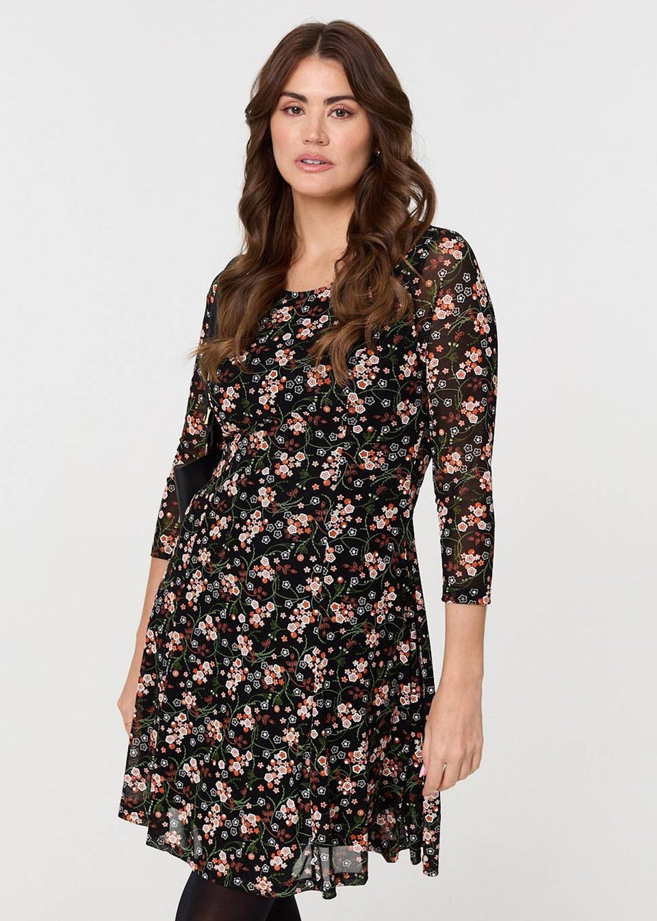 Izabel London Orange Ditsy Floral Mesh Knee Length Dress