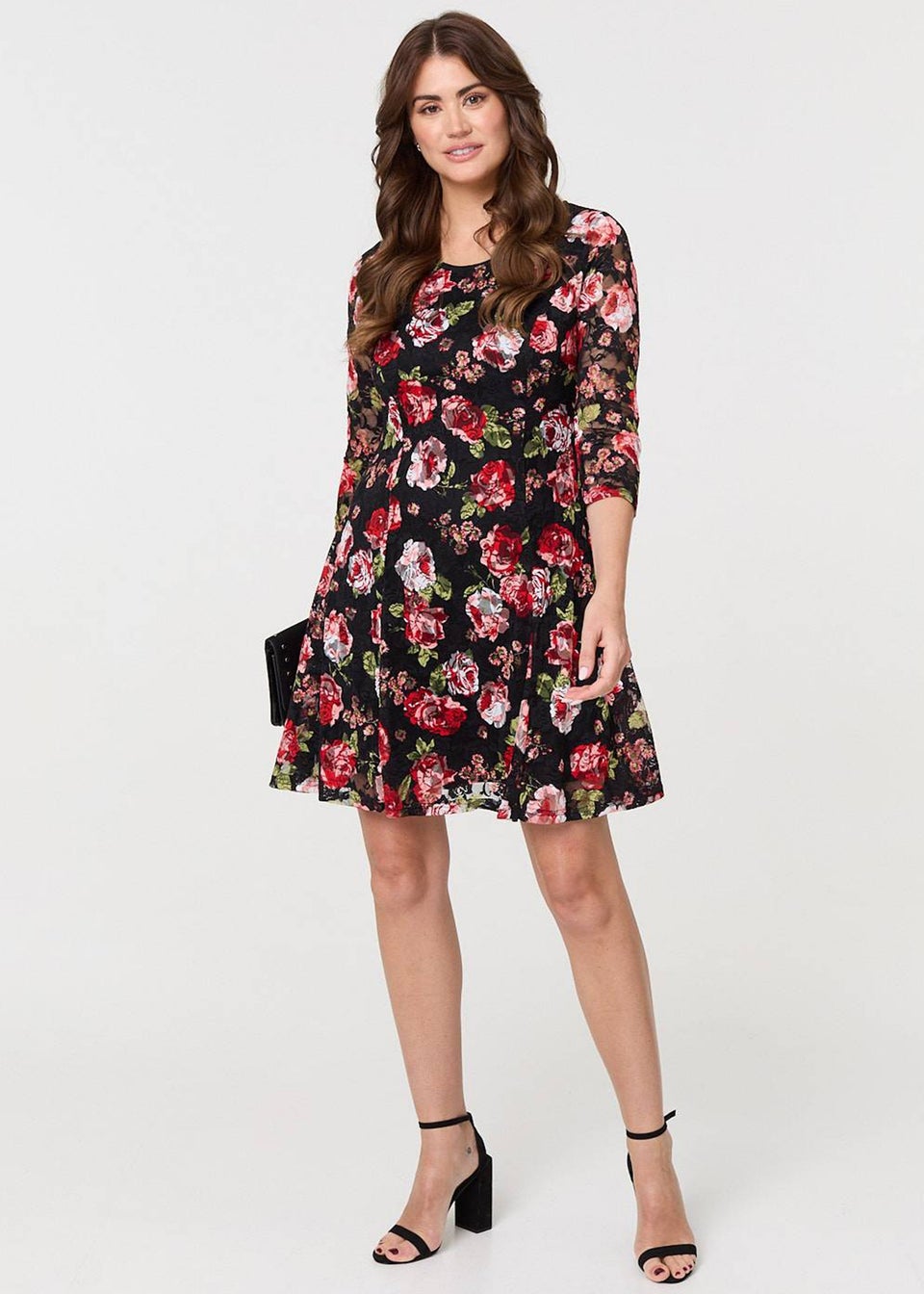 Izabel London Black Rose Print Short Skater Dress