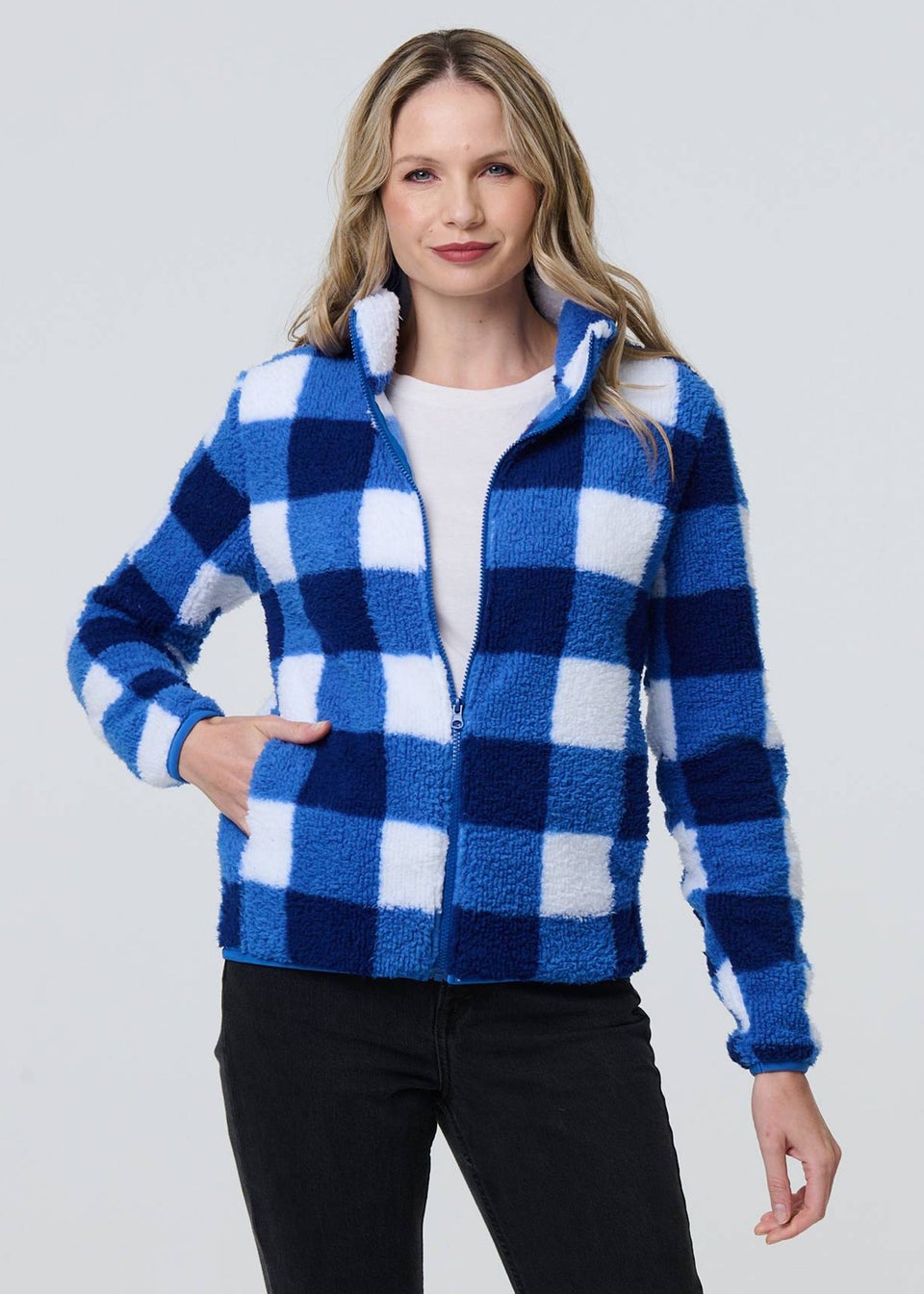 Izabel London Blue Checked Print Teddy Fur Zip Front Jacket