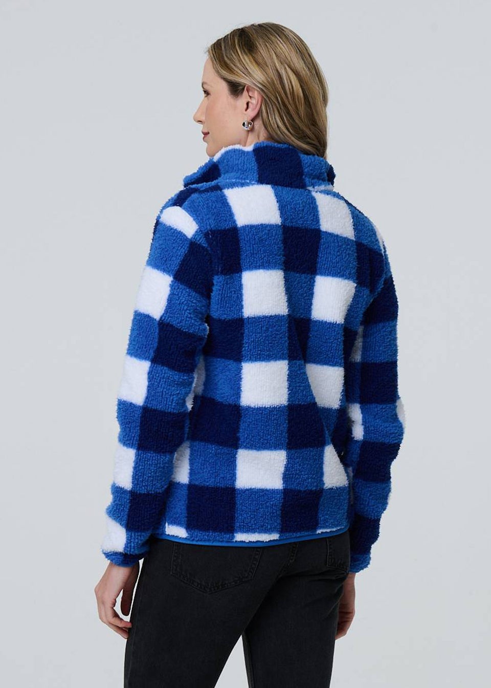Izabel London Blue Checked Print Teddy Fur Zip Front Jacket