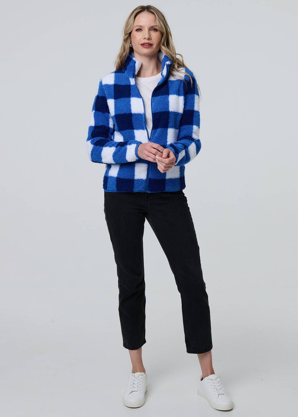 Izabel London Blue Checked Print Teddy Fur Zip Front Jacket