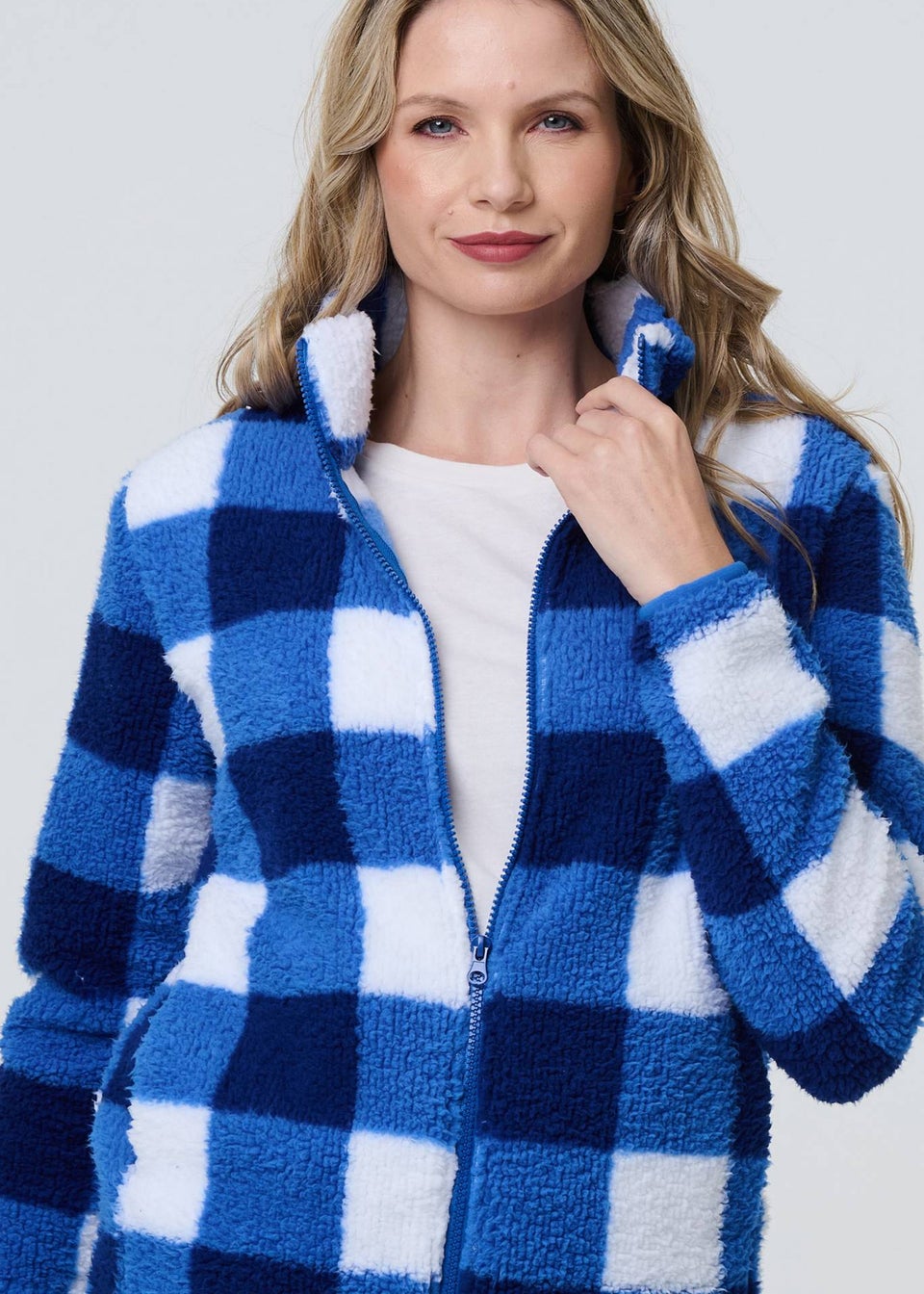 Izabel London Blue Checked Print Teddy Fur Zip Front Jacket