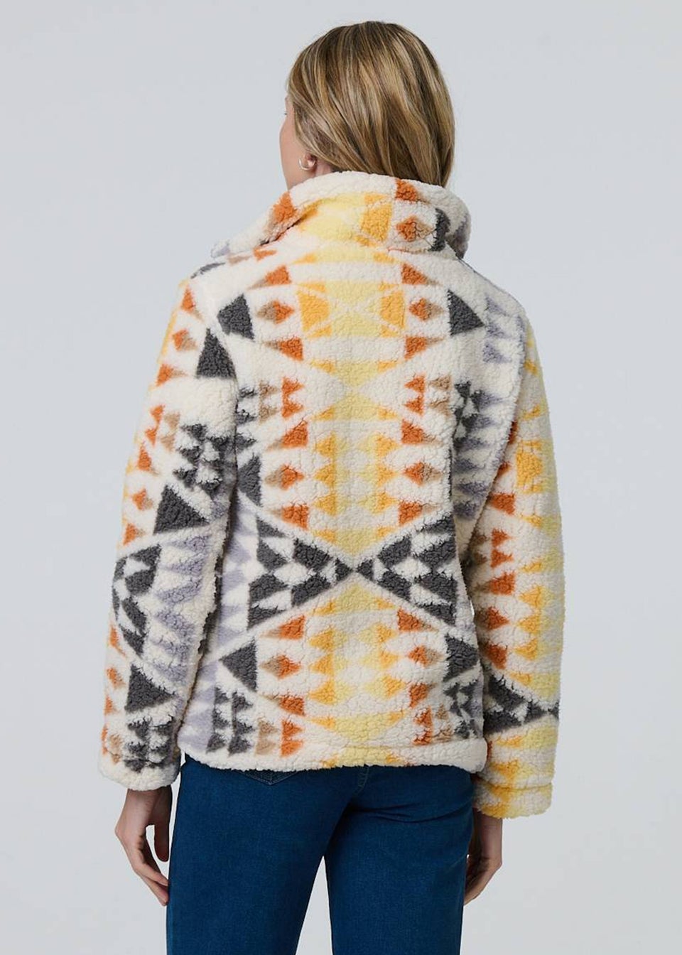 Izabel London Cream Aztec Print Relaxed Teddy Fur Jacket