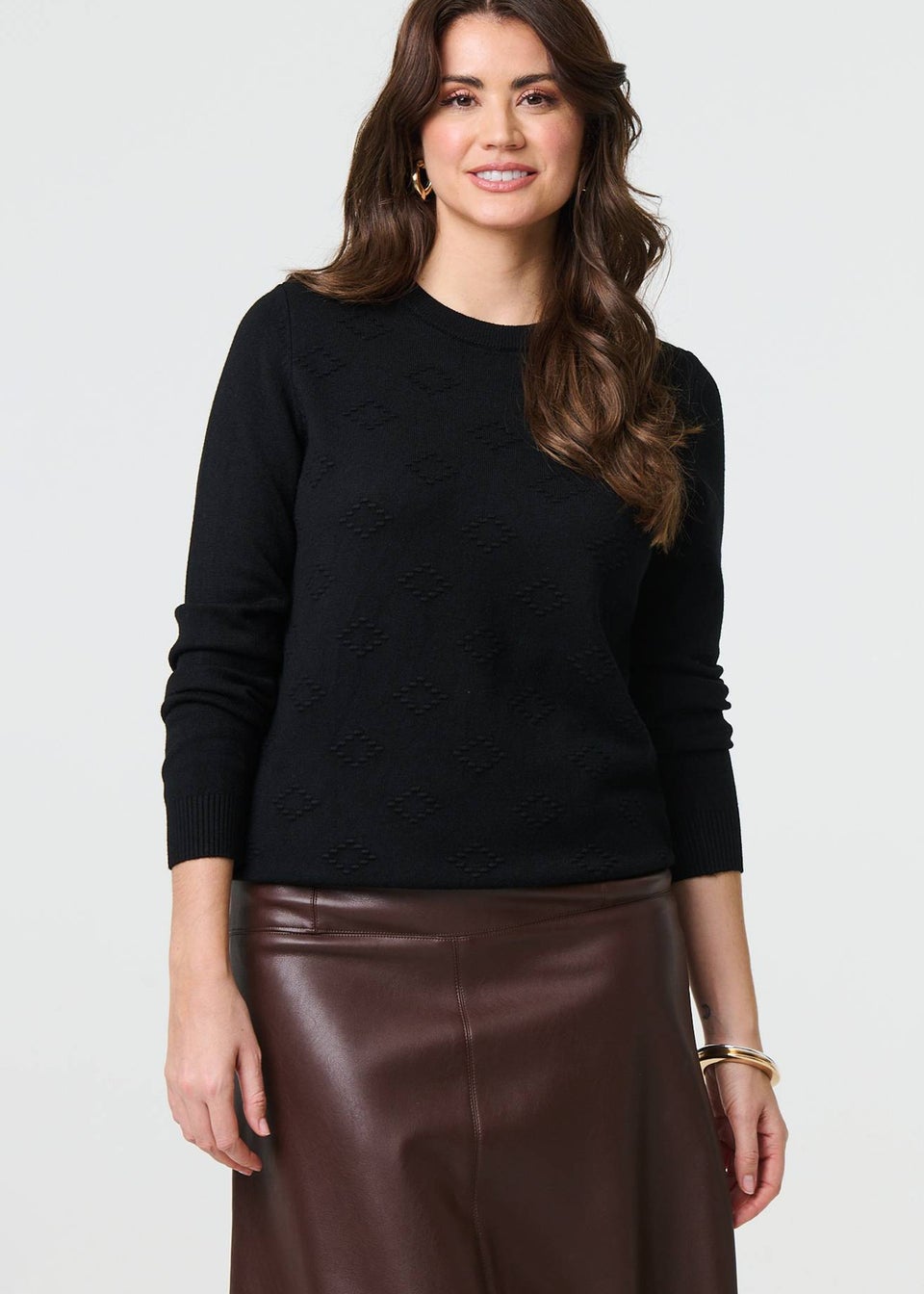 Izabel London Black Embroidered Texture Long Sleeve Jumper