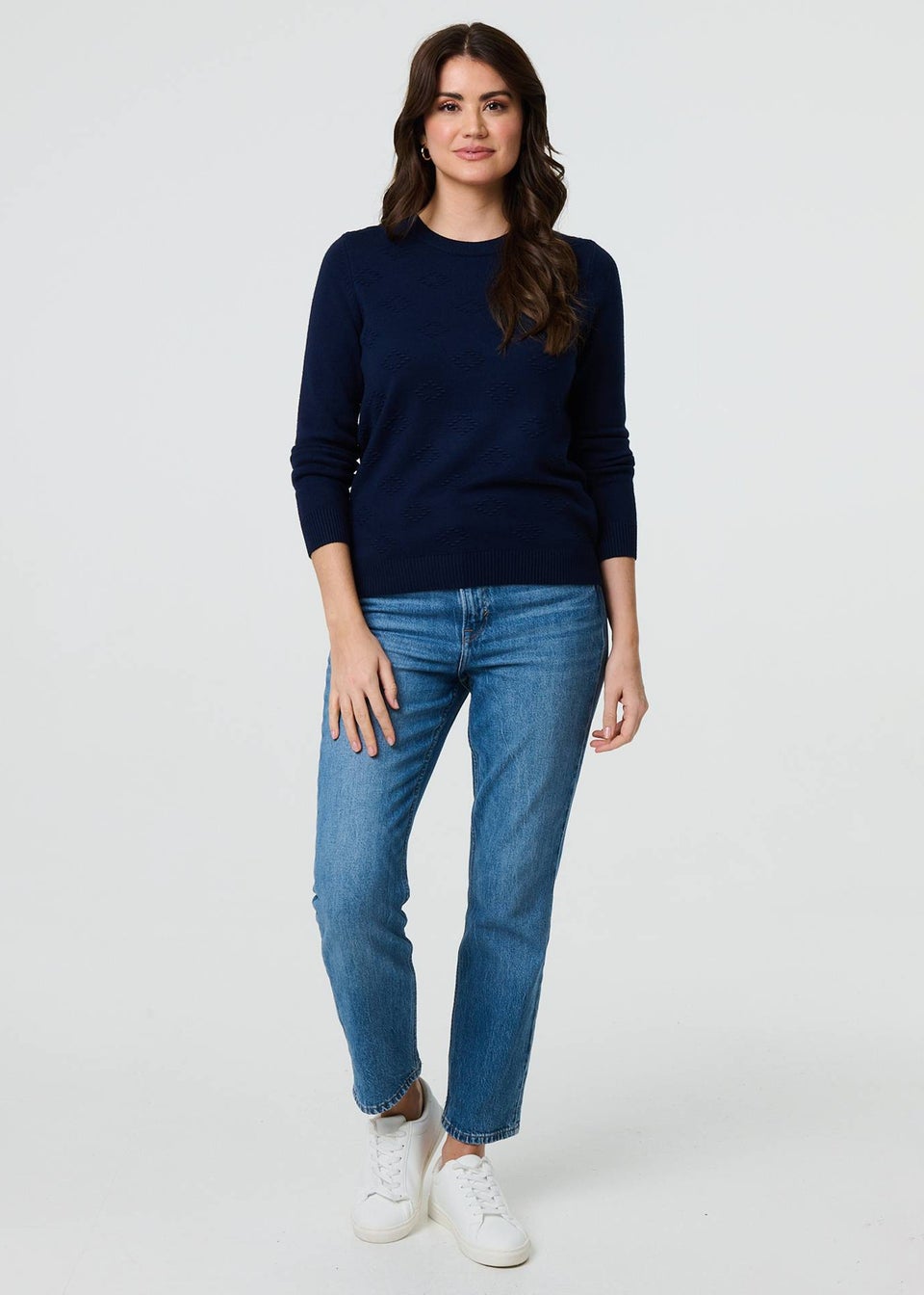 Izabel London Navy Embroidered Texture Long Sleeve Jumper