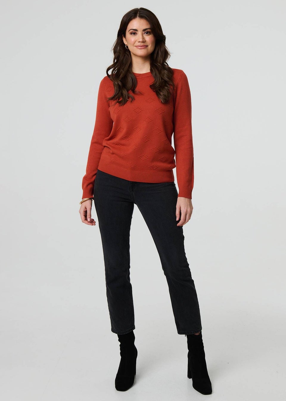 Izabel London Orange Embroidered Texture Long Sleeve Jumper