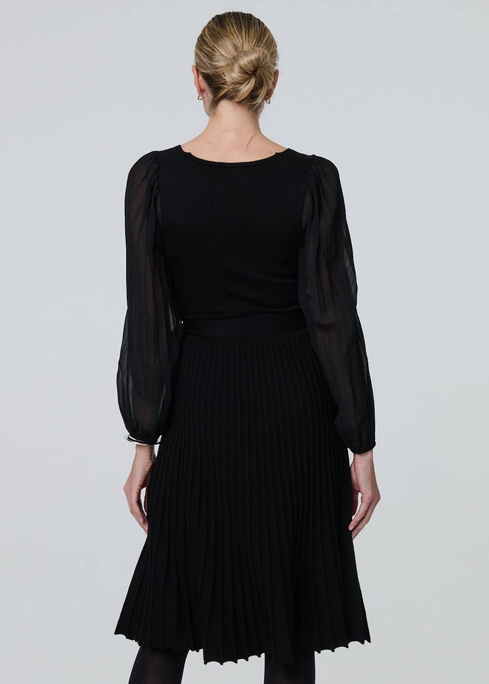 Izabel London Black Semi Sheer Pleated Knee length Dress