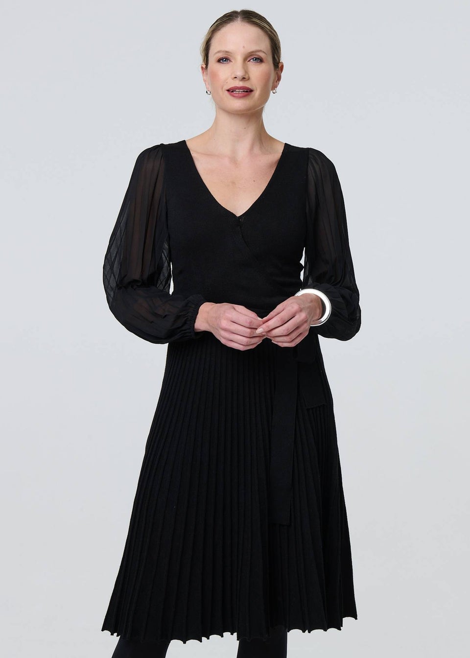 Izabel London Black Semi Sheer Pleated Knee length Dress