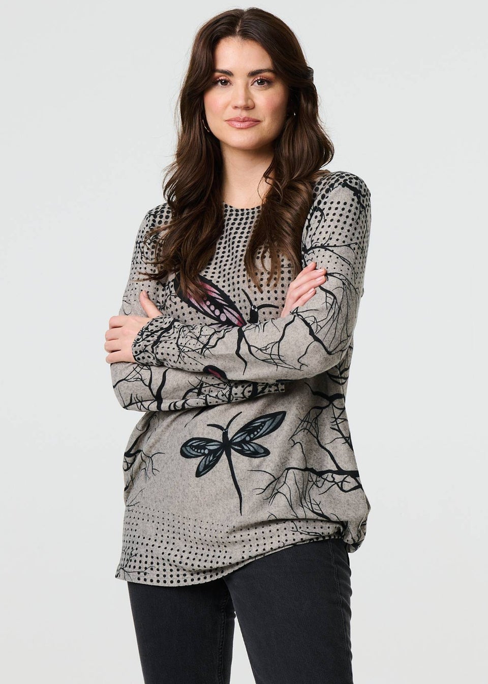 Izabel London Brown Dragonfly Print Long Sleeve Tunic Top