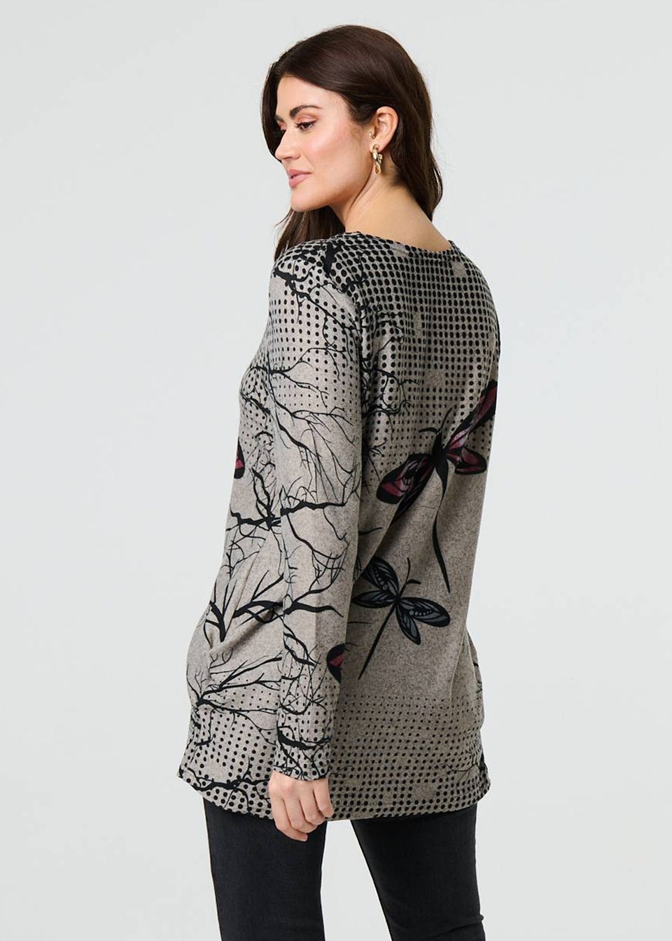 Izabel London Brown Dragonfly Print Long Sleeve Tunic Top