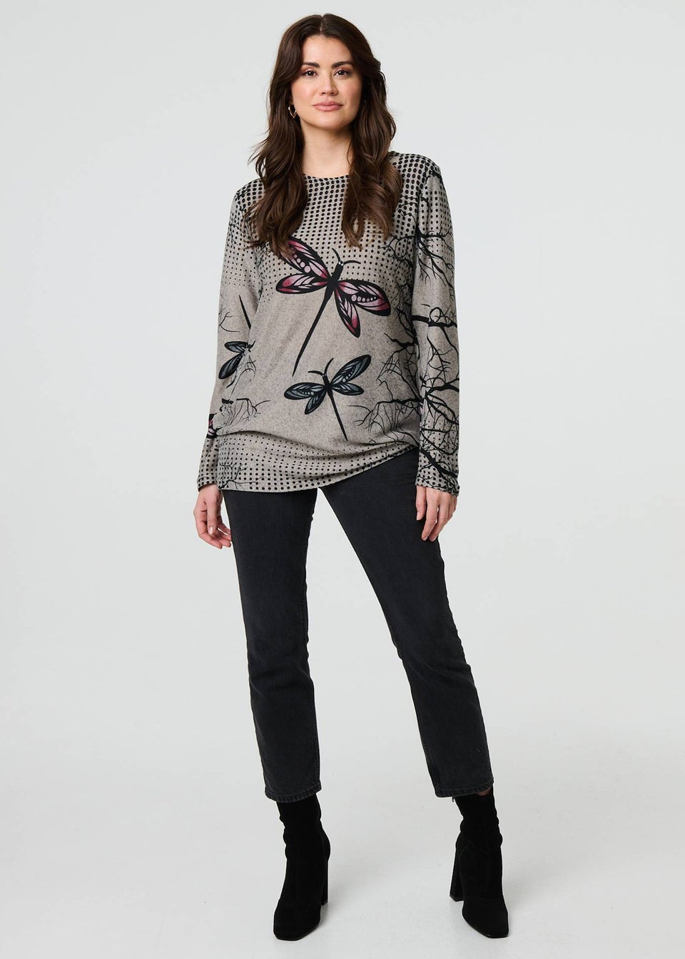 Izabel London Brown Dragonfly Print Long Sleeve Tunic Top