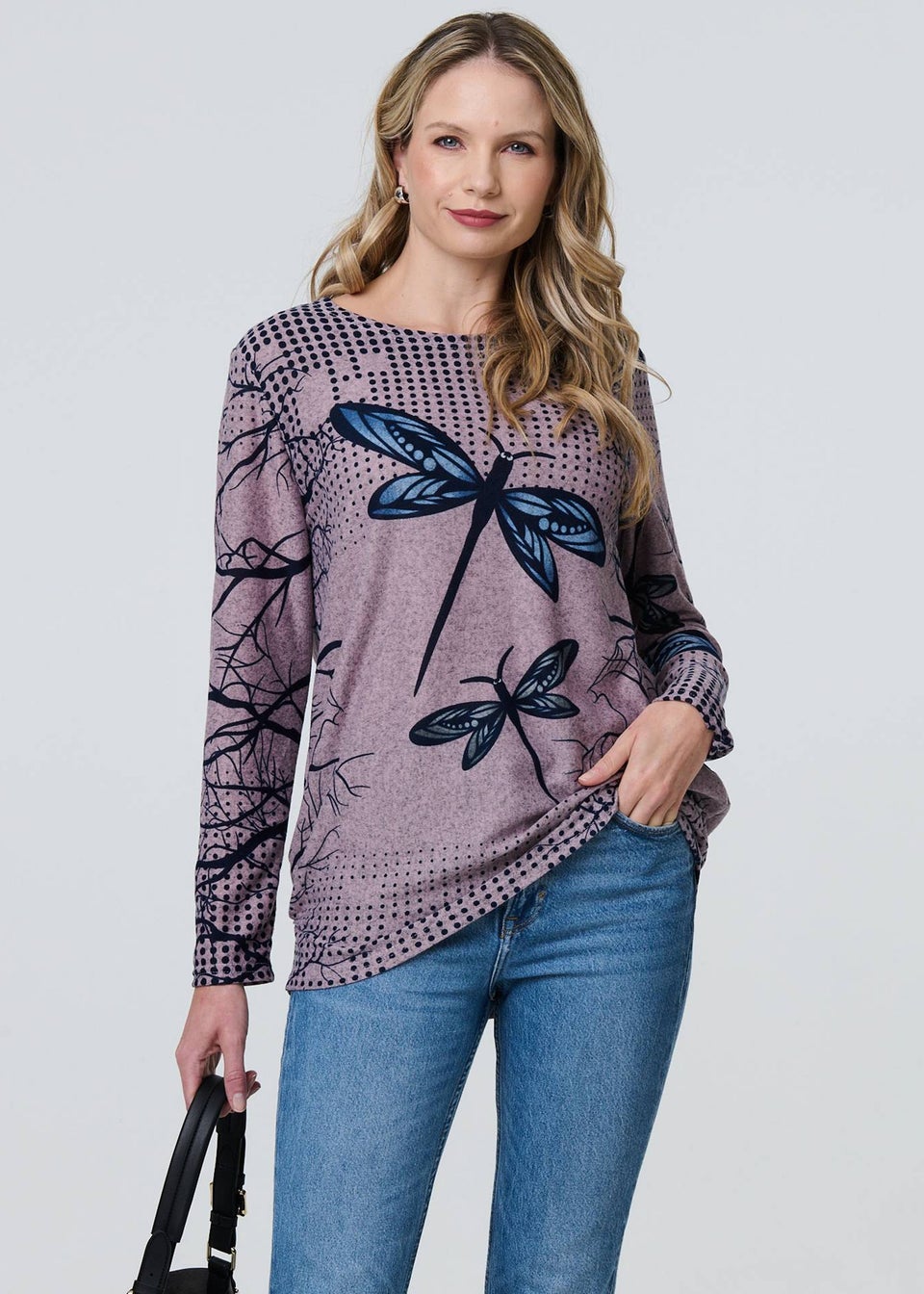 Izabel London Pink Dragonfly Print Long Sleeve Tunic Top