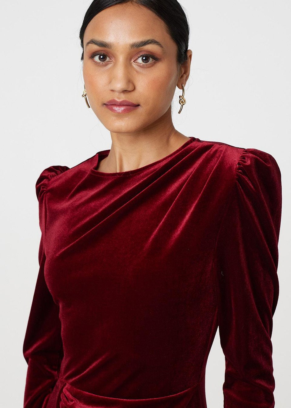 Izabel London Red Velvet Long Puff Sleeve Split Hem Midi Dress