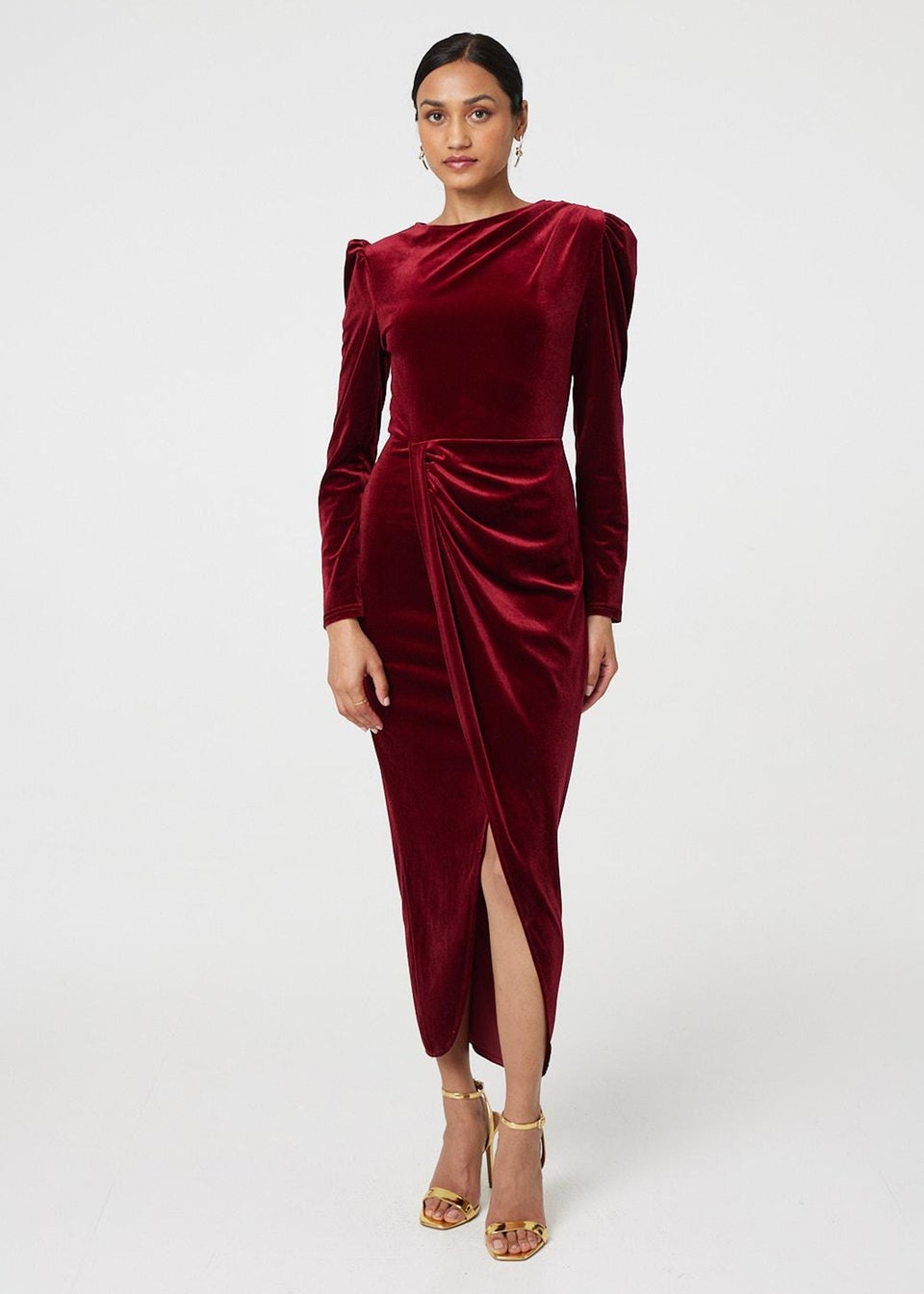 Izabel London Red Velvet Long Puff Sleeve Split Hem Midi Dress