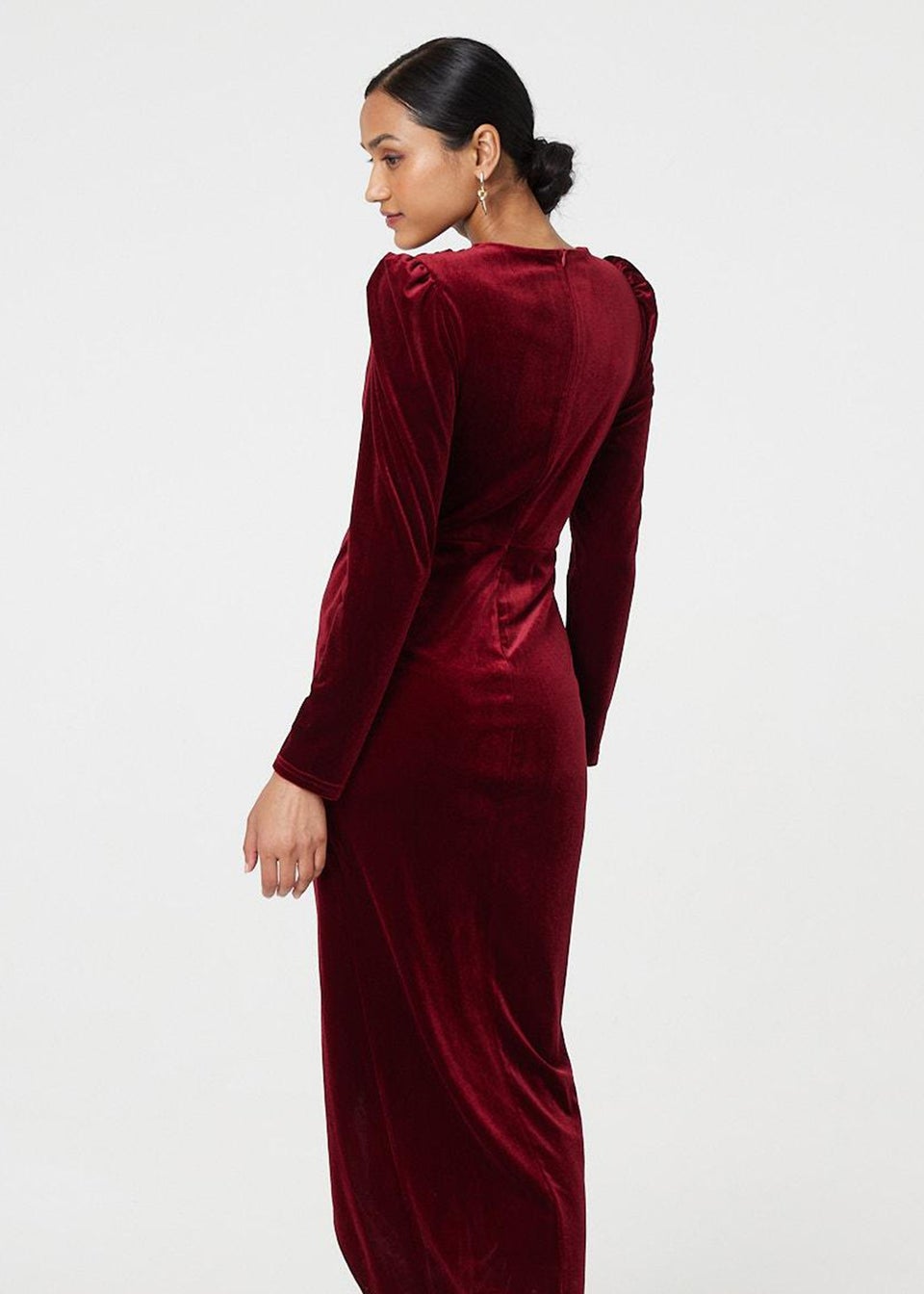 Izabel London Red Velvet Long Puff Sleeve Split Hem Midi Dress