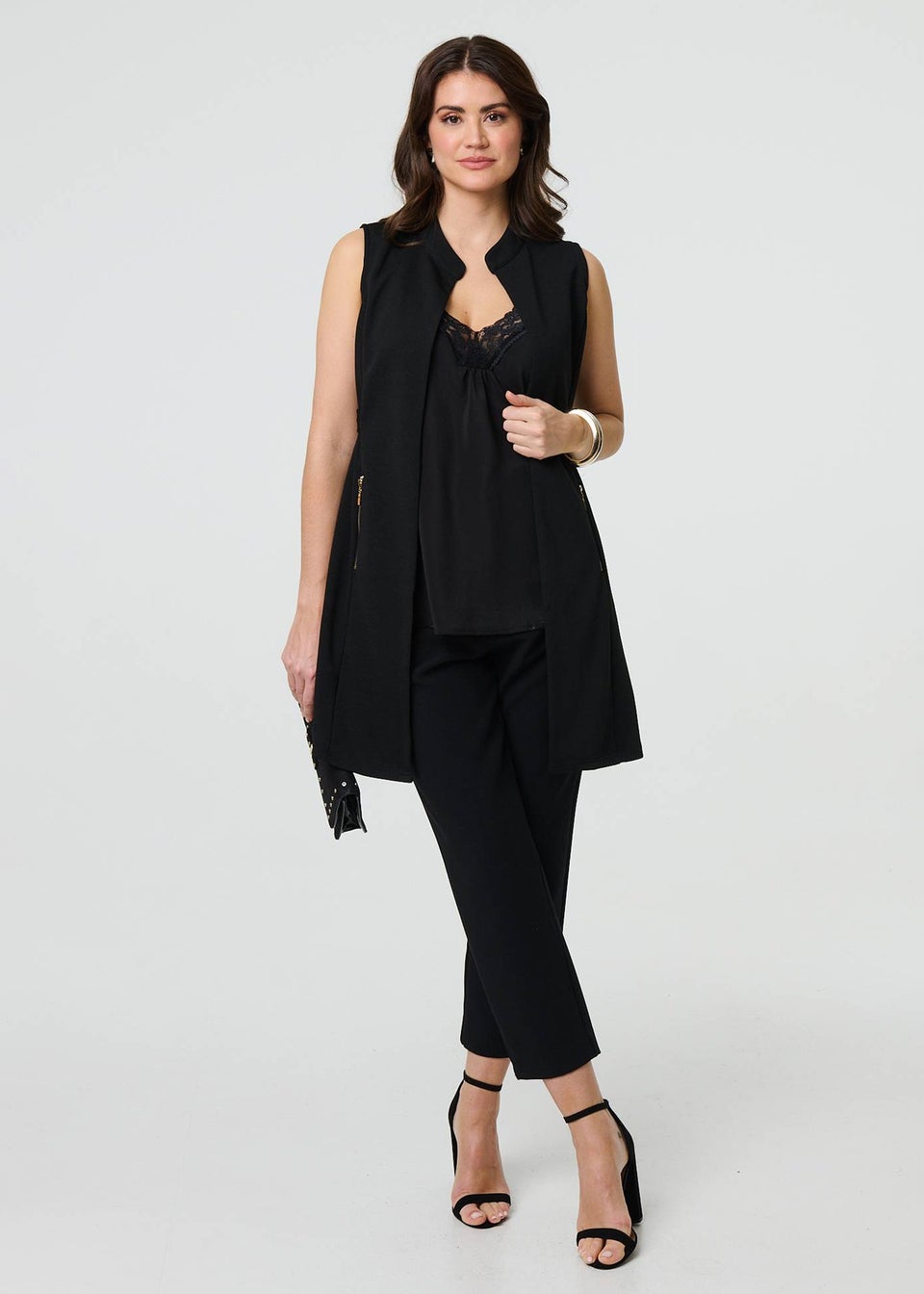 Izabel London Black Thigh Length Sleeveless Gilet Vest