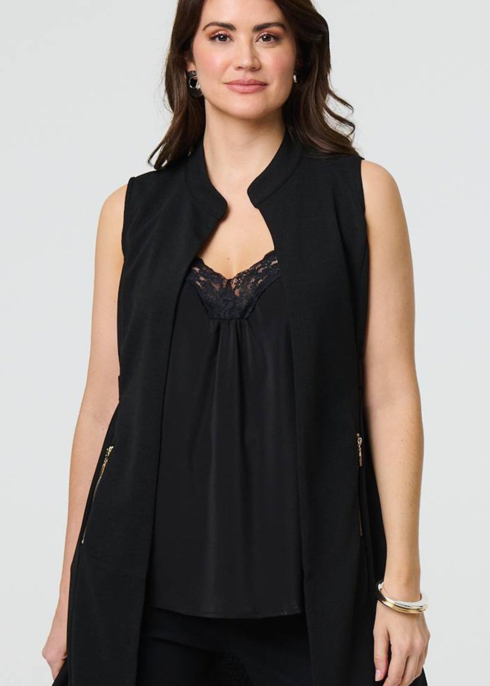 Izabel London Black Thigh Length Sleeveless Gilet Vest