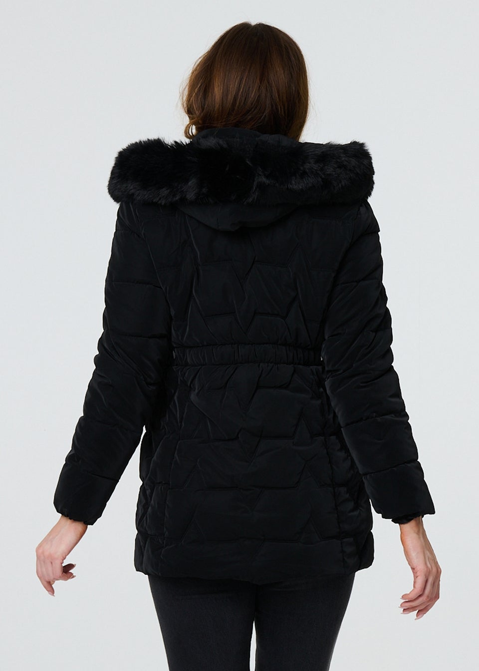 Izabel London Black Faux Fur Padded Zip-Up Hooded Jacket