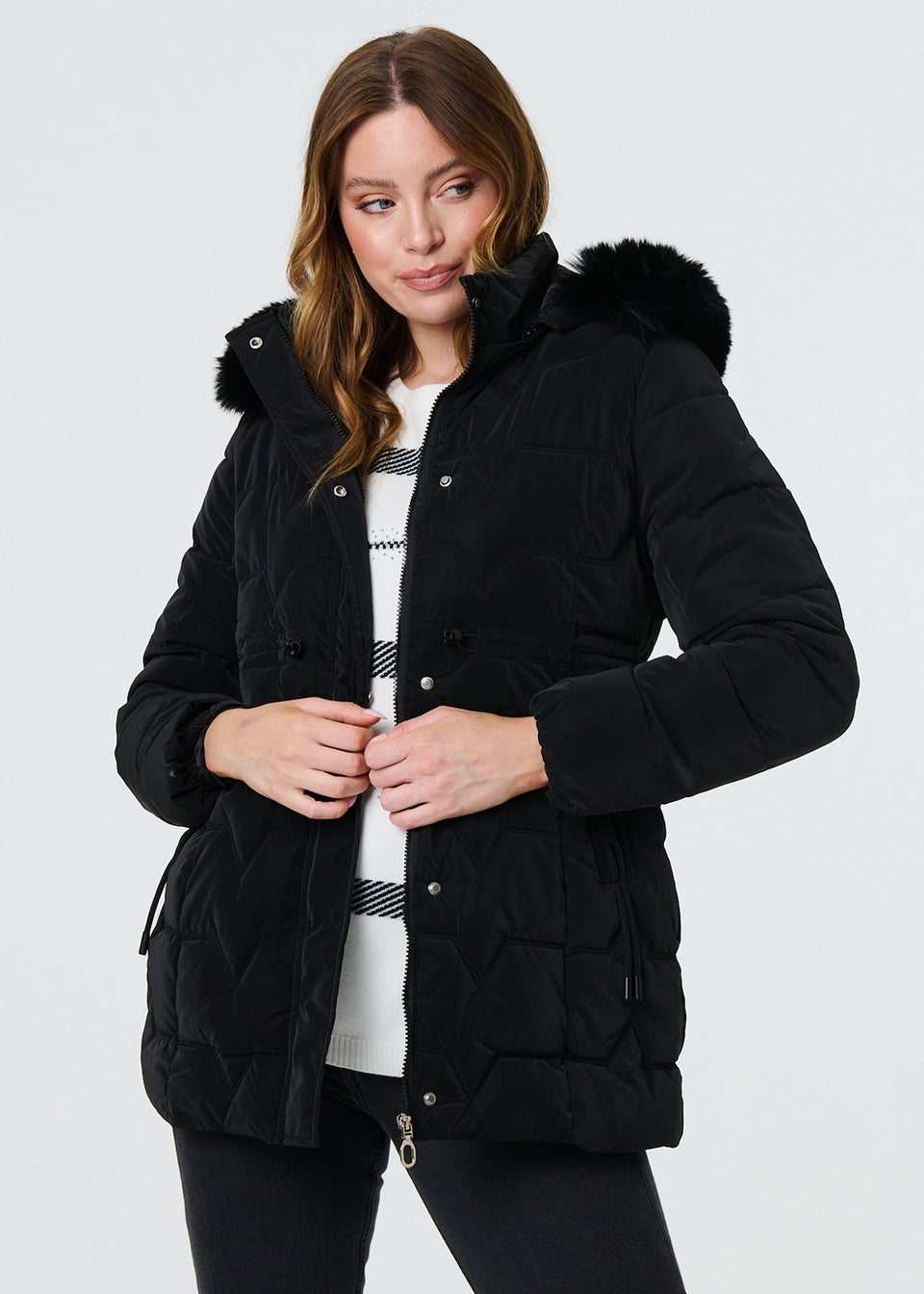 Izabel London Black Faux Fur Padded Zip-Up Hooded Jacket