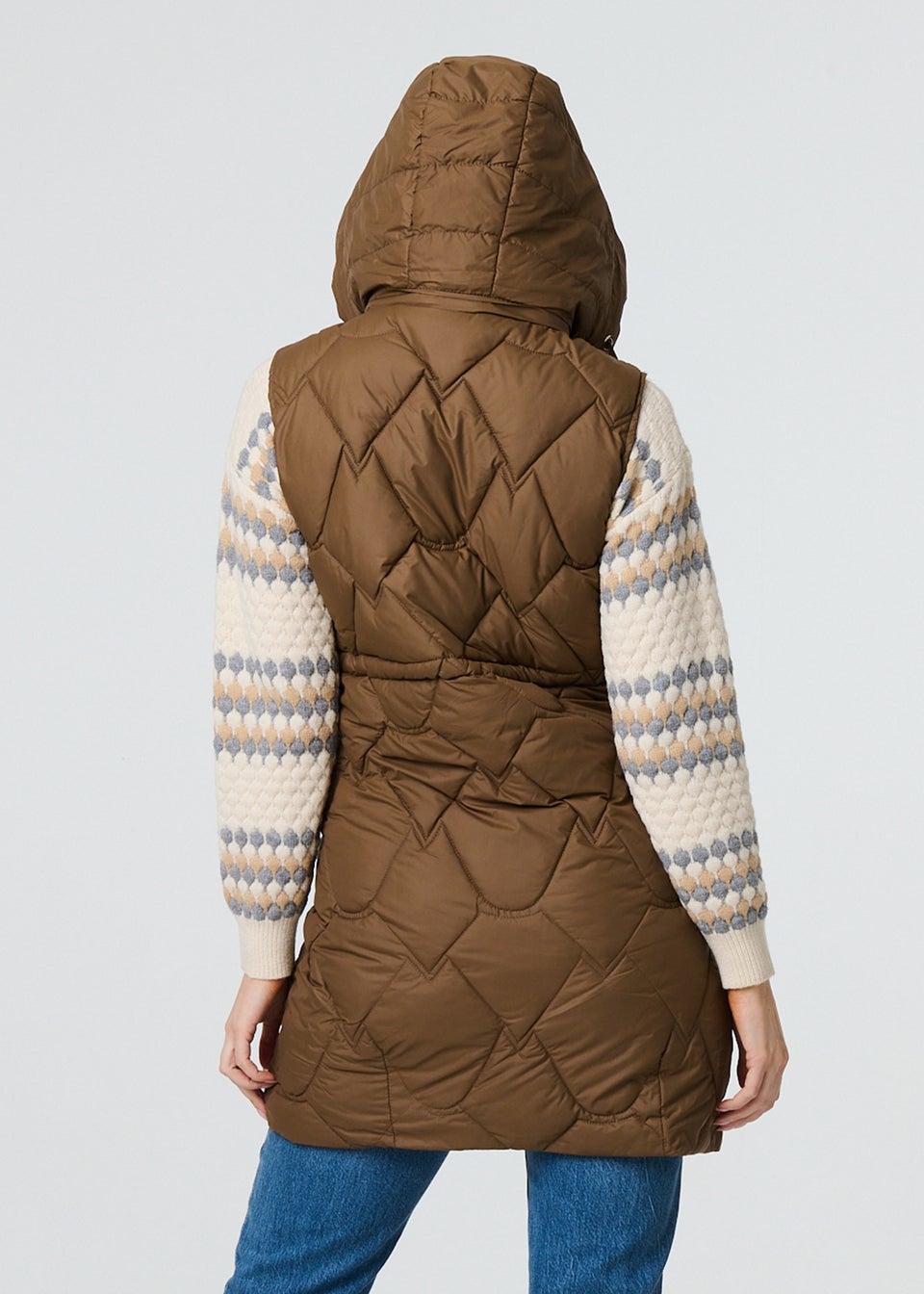 Izabel London Beige Padded Sleeveless Hooded Longline Gilet