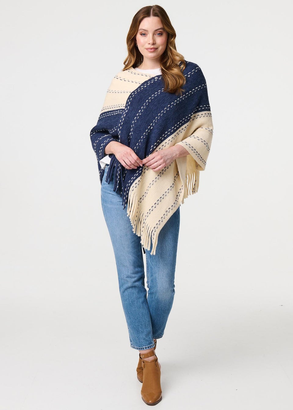 Izabel London Blue Striped Tassel Trim Oversized Poncho