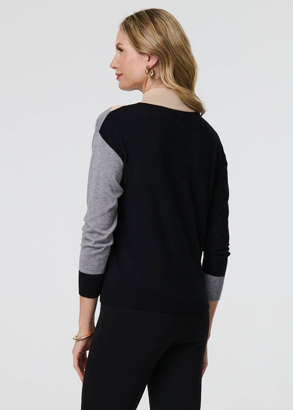 Izabel London Grey Colour Block High Neck Slim Jumper