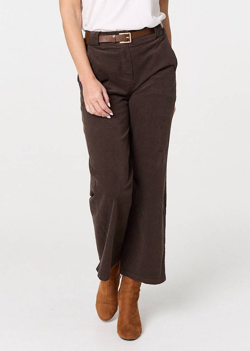 Izabel London Brown Faux Leather Belt Corduroy Trousers