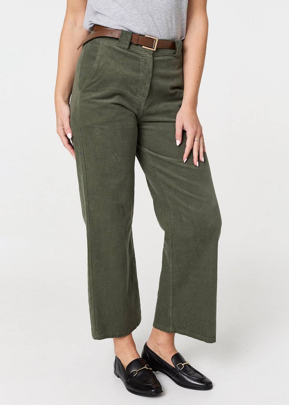 Izabel London Green Faux Leather Belt Corduroy Trousers