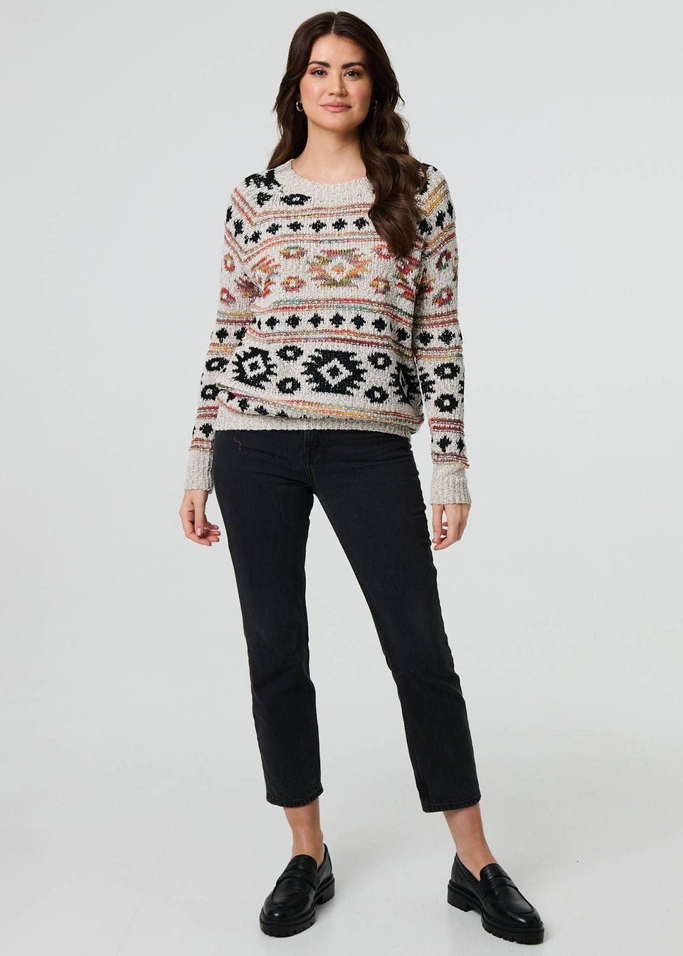 Izabel London Beige Aztec Print Long Sleeve Knit Jumper