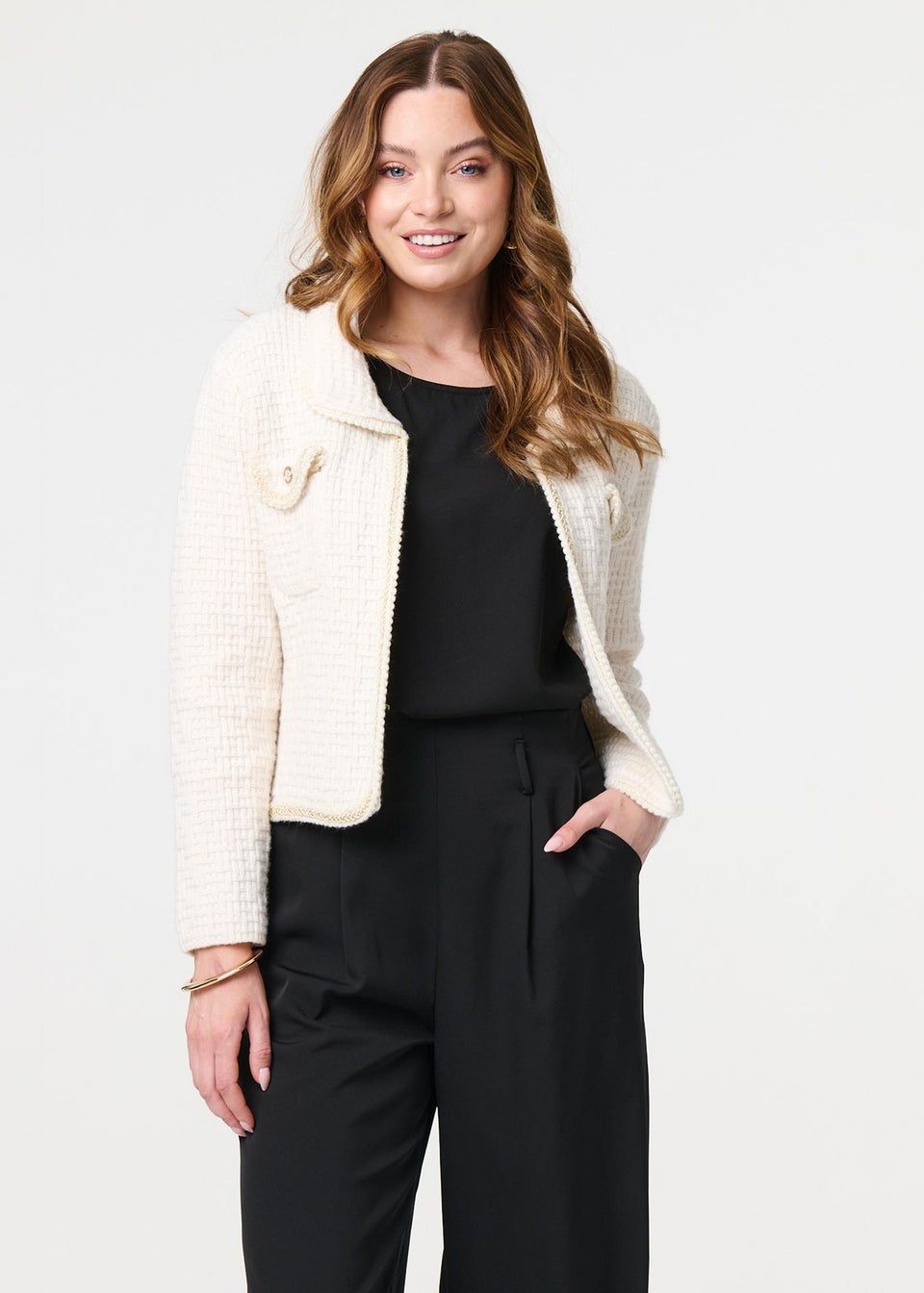 Izabel London Cream Textured Pocket Detail Crop Knit Jacket