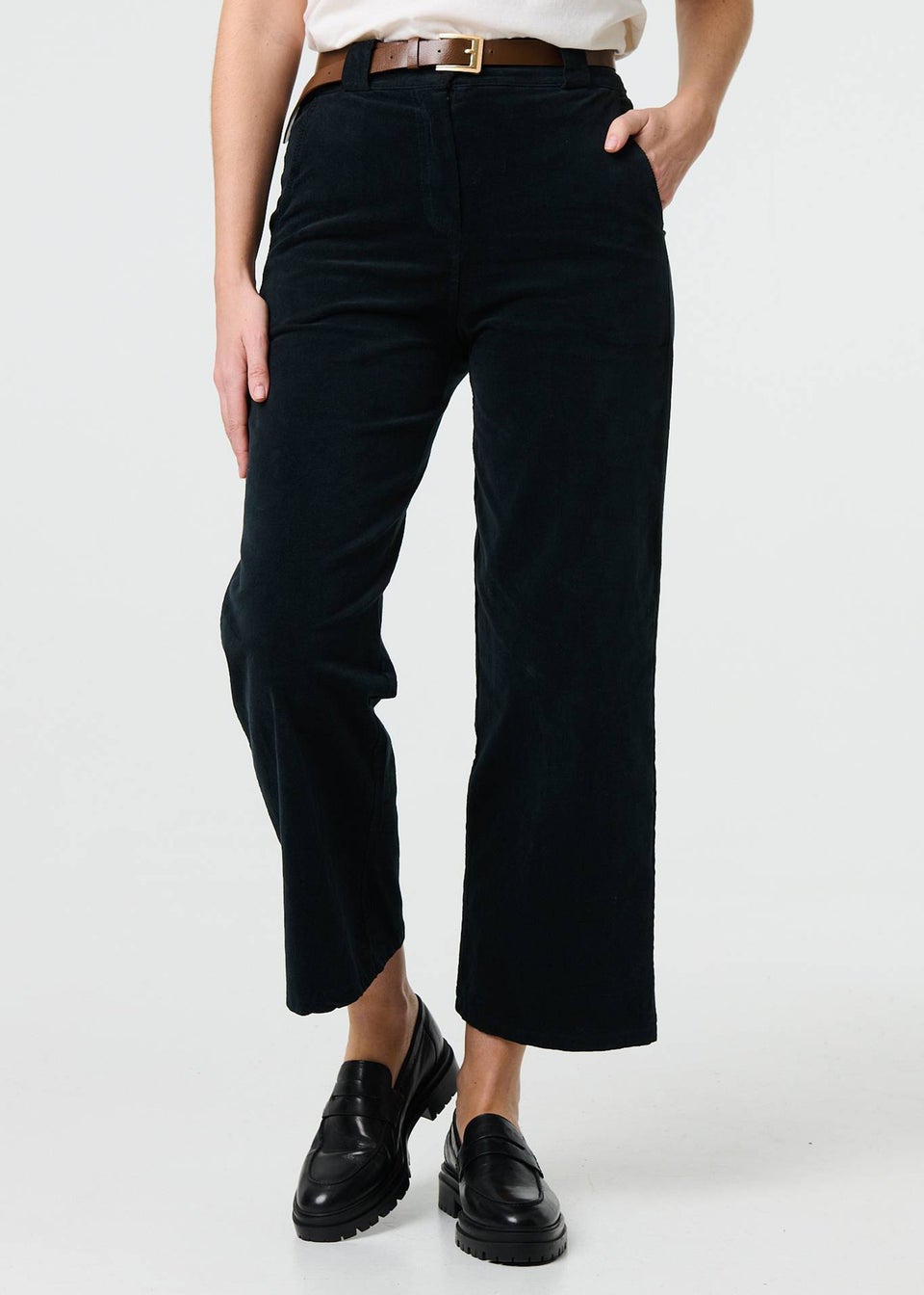 Izabel London Black Faux Leather Belt Corduroy Trousers