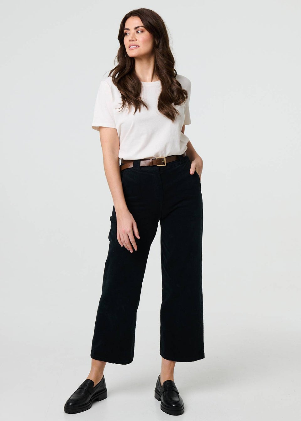 Izabel London Black Faux Leather Belt Corduroy Trousers