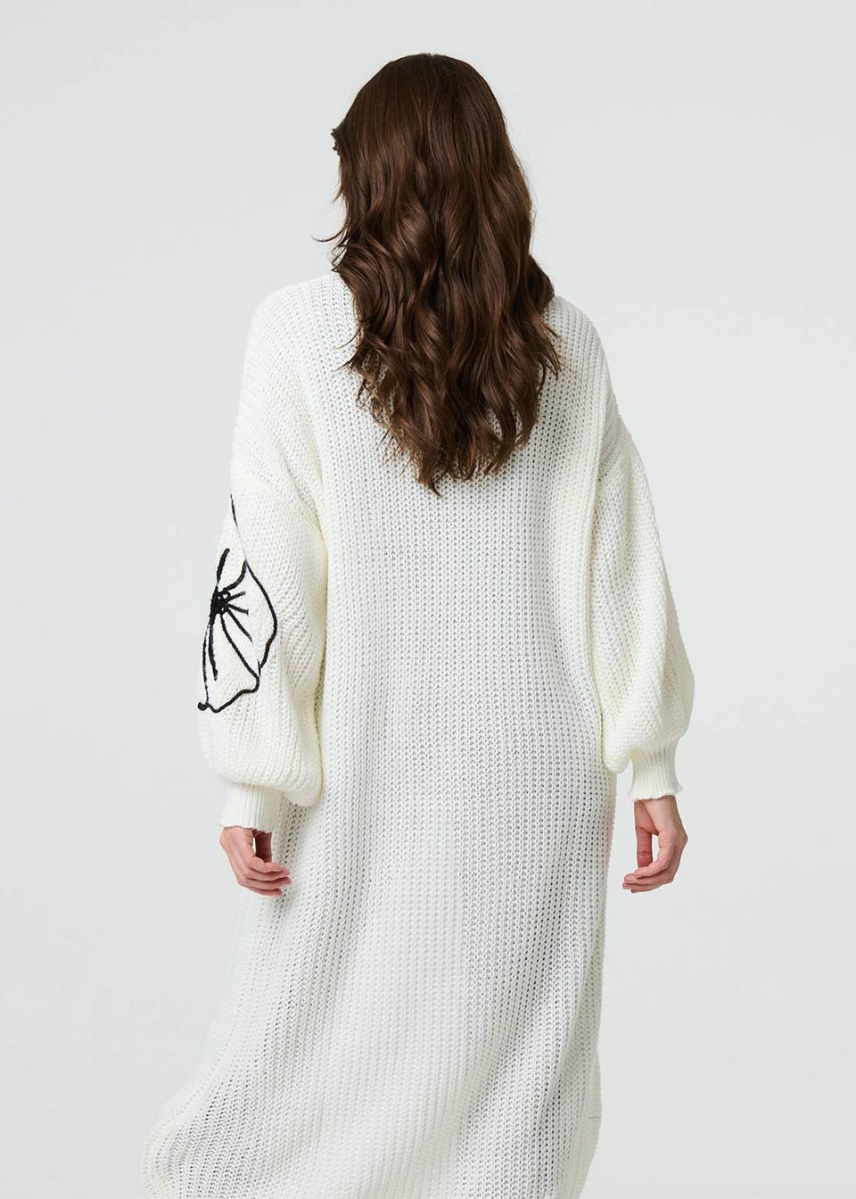 Izabel London Ivory Floral Embroidered Longline Open Cardigan