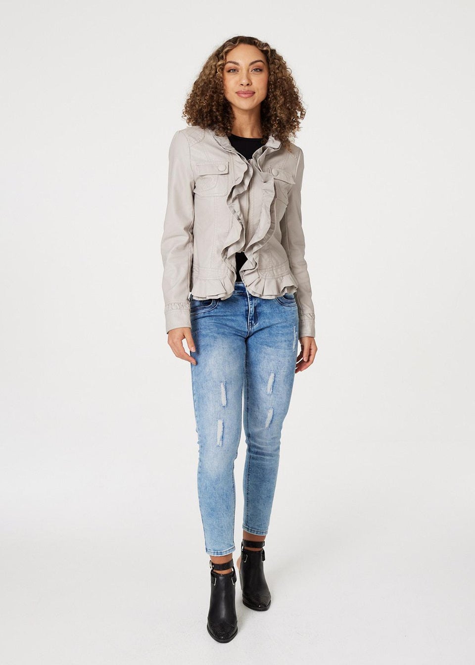 Izabel London Stone Frilled Front Faux Leather Jacket