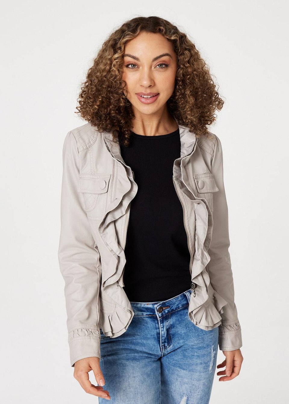 Izabel London Stone Frilled Front Faux Leather Jacket