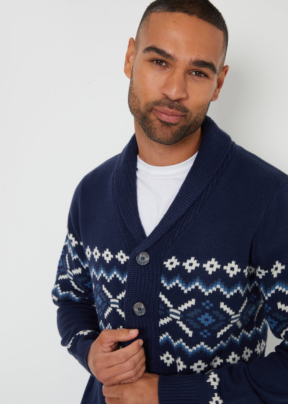 Threadbare Navy Fairisle Shawl Collar Knitted Cardigan