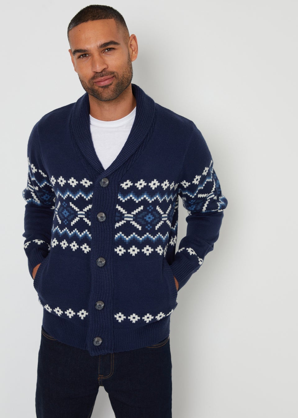 Threadbare Navy Fairisle Shawl Collar Knitted Cardigan