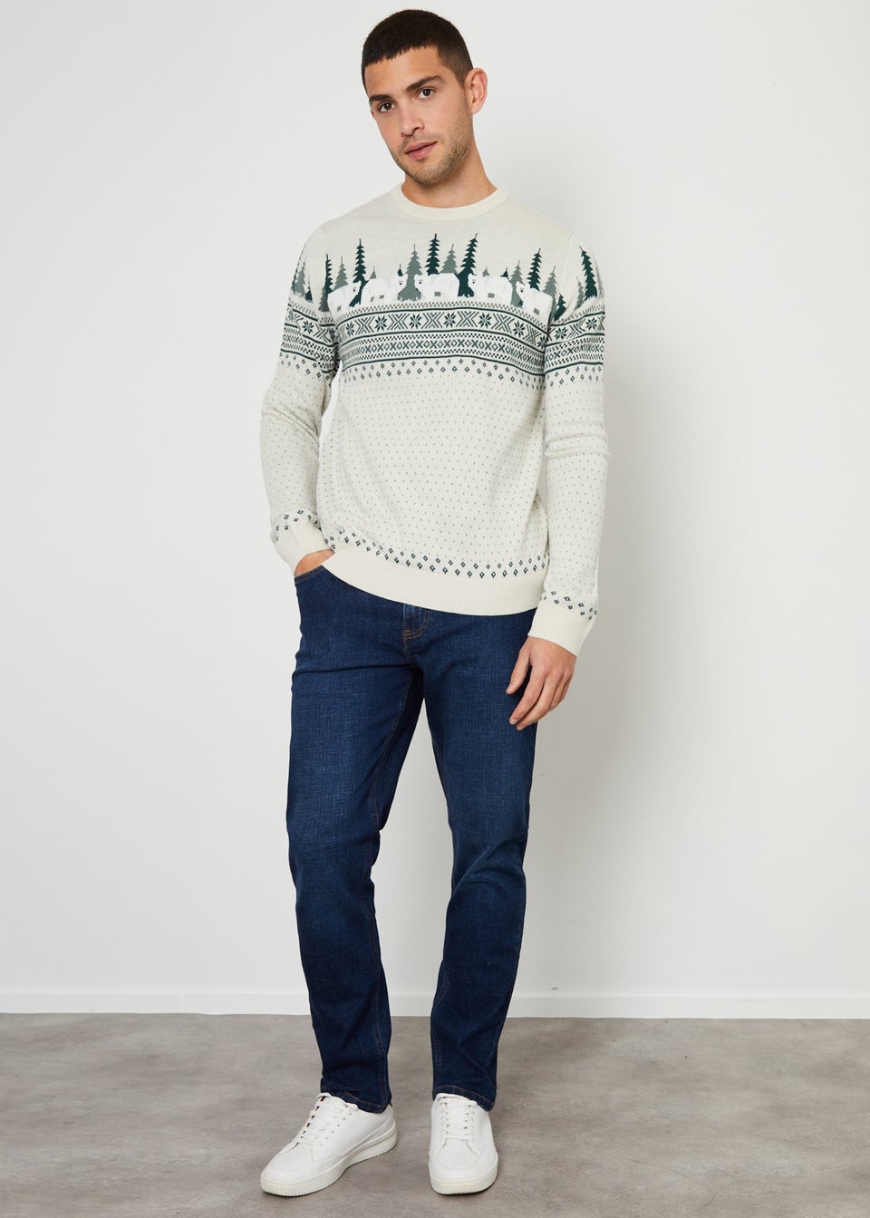 Threadbare Stone Geo Fairisle Crew Neck Christmas Jumper