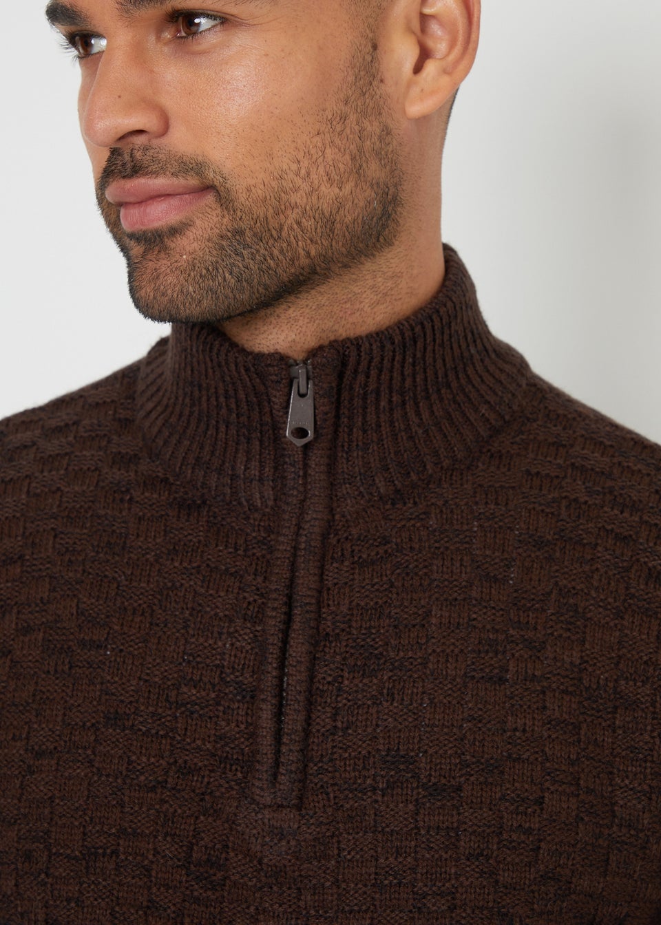 Threadbare Brown Textured Quarter Zip Jumper With Wool